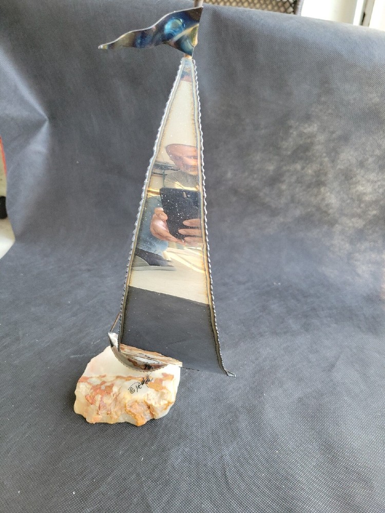 DeMott Vintage Metal Sailboat Sculpture Onyx base 15″ Signed Mirrored Finish