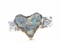 Roman Glass Sterling Silver 925 Heart Ring Ancient Bluish Fragment 200 B.C Size7