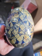 Vintage Handpainted Cloisonné Egg Blue White Gold Floral Geometric Design