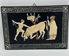 VTG Greek Pictures 2 Wooden Handpainted Black Cream 10 X 7 In Finites Greece