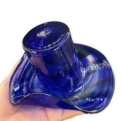 1980s Art Glass Hat Shaped Dish Bowl Clear Cobalt Blue Swirls Folded Edges VTG