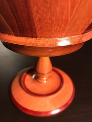 Multi-Colored Segmented Turned Wood Pedestal Bowl with Cut Out Rim Design