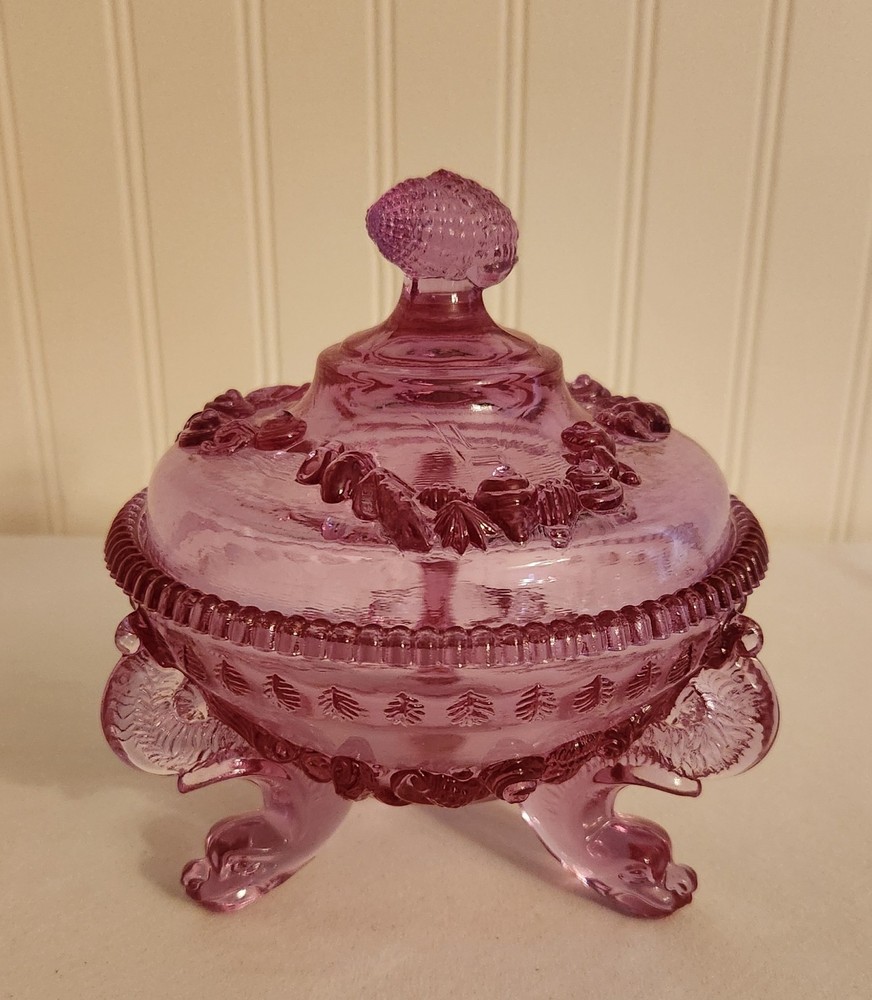 Westmoreland Argonaut Shell & Dolphin 3 Footed Pink / Purple Glass Covered Dish