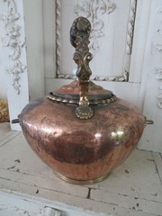 Old Copper TILTING TEA KETTLE on Ornate BRASS STAND White Porcelain Handles