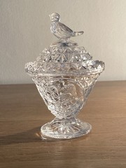 Vtg Hofbauer Byrdes Lead Crystal Glass Jam Trinket Vanity Compote Dish Bird Lid
