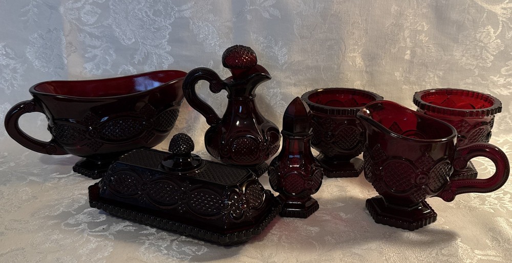Vintage Avon Cape Cod Red Glassware Lot Sugar Creamer Cruet Butter Dish Gravy