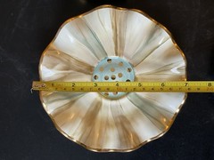 (4pc) Rare Mackenzie Childs Parchment Check Ceramic Fluted Saucers W/ Gold Dots