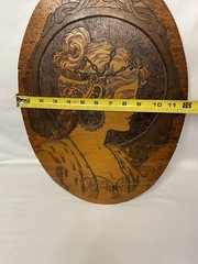 Vintage Art Nouveau Oval Wood Carved Pyrography Victorian Lady