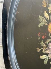 Antique Victorian Oval Black Tole Tray Hand Painted Floral Metal 24” Vtg Patina