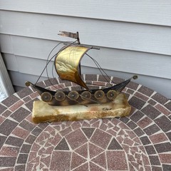 John DeMott Brass Sailboat On Onyx Viking Ship Sculpture Vintage Rare Type 13”