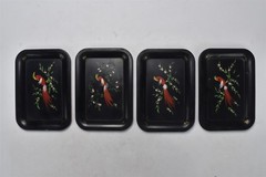 Vintage SET 4 FOLK ART TOLE WARE TIP SNACK TRAYS BLACK METAL BIRD DESIGN #08687