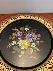 Vintage Nashco Toleware 12” Round Tray-Hand Painted Signed Reticulated Edge