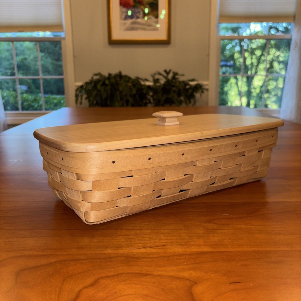 Longaberger RARE Natural Light Stain Bread Basket W/Hard Protector And Lid -MINT