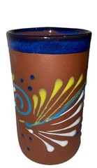 Mexican Folk Art Terra Cotta Pottery Tumbler Cup Vase Raised Design Hand Painted