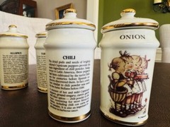 Vintage Spice Jars w/Lids 1987 MJ HUMMEL Porcelain Set of 6 Alpine Switzerland