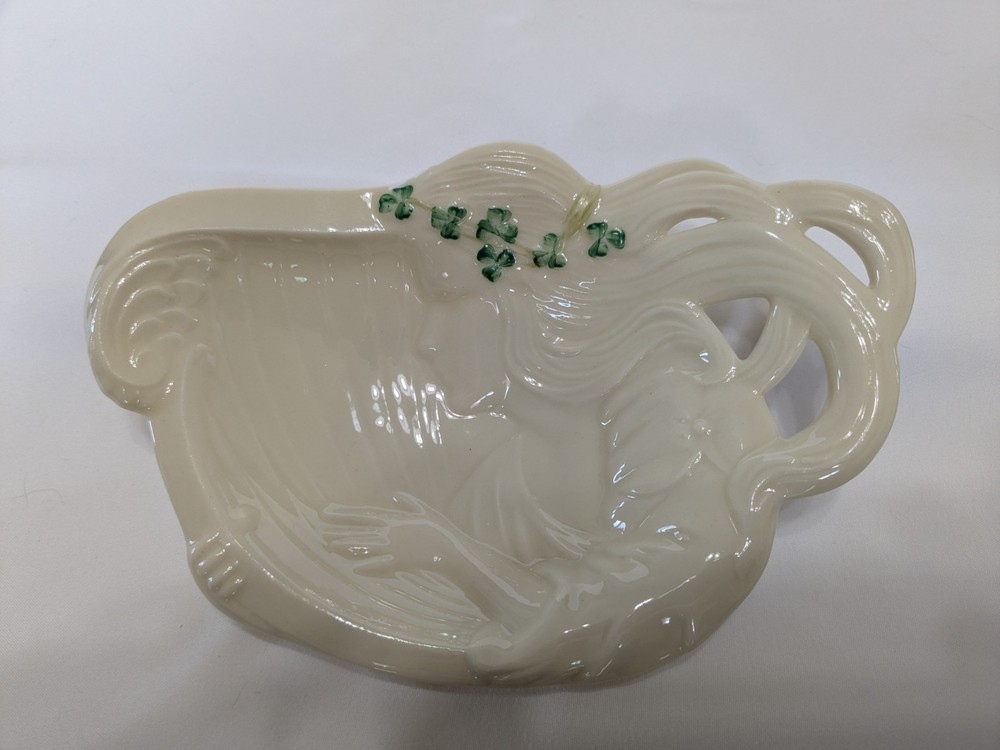 Belleek “Deirdre the Harpist” trinket dish/Shamrock Maiden Figural dish