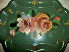 Cottagecore HP Roses Tole Tip Tray Chippendale Green 1950s Petite