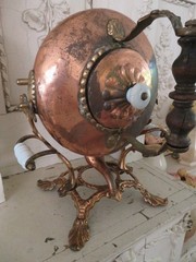 Old Copper TILTING TEA KETTLE on Ornate BRASS STAND White Porcelain Handles