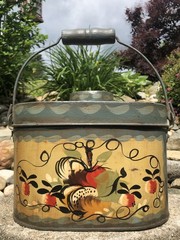 Vintage Jean Dewey Signed Primitive Painted Toleware Bail Handle Tin Lunchbox