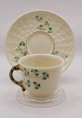 VTG Belleek Shamrock Basketweave Pattern Parian China Teacup & Saucer 1946-1981