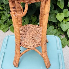 Vintage Wicker Plant Stand With Basket Top Lower Shelf Bead Accents 27″ MCM Boho