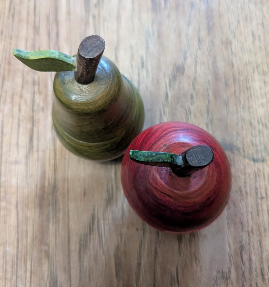Wooden Pear & Apple Trinket Boxes – Hand Carved & Painted 4″ Tall Including Stem