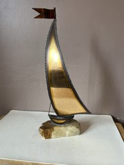 Vintage Signed John DeMott 15” Brass Sailboat Sculpture on Quartz/Onyx Base