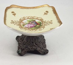 Vintage Victorian style ceramic metal footed trinket dish courting couple