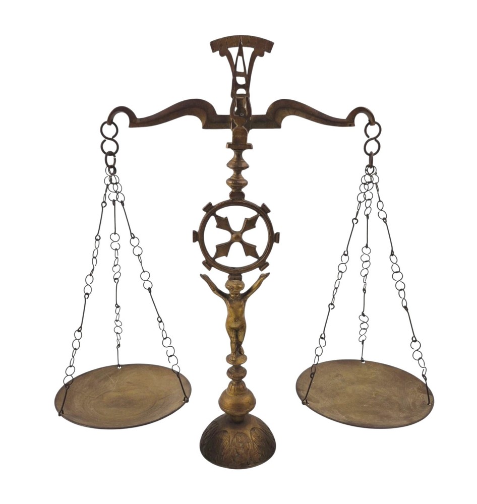 Vtg Solid Brass Cherub Table Decor Balance Justice Scale 50s 60s Mid-century