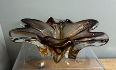 Vintage Murano Hand Blown Art Glass Bowl Brown Amber Ombre Heavy MCM