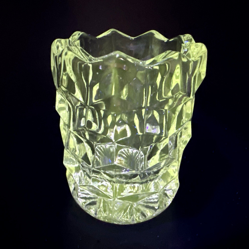 Fostoria American Cube Clear Glass Toothpick Holder Manganese Glow Vintage