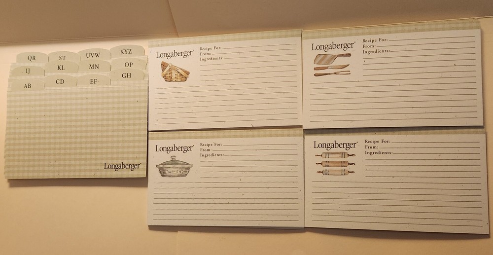 Longaberger 50 Recipe Cards 3×5 / 12 GINGHAM Dividers/Index: A-Z/Food Categories