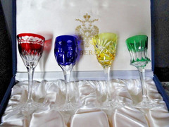 Faberge Na Zdorovye Crystal Colored Cordial Glasses 5 3/4″ H x 2″ at rim NIB