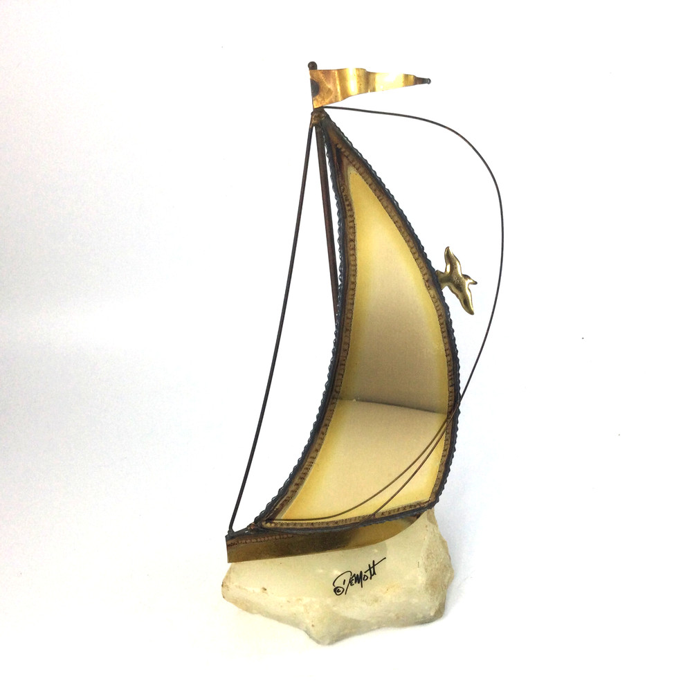 Vintage Brass Sailboat Sculpture Quartz Base Signed John DeMott 10″ H
