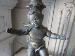 FABULOUS Vintage Metal STATUE 2 CHERUBS with Ornate Bowl HOLDER on Top