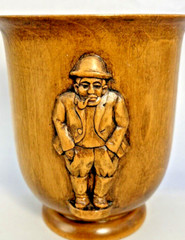 Vintage Carved Wooden Folk Art Cup Vase Vessel 3 Carved Wood Figures SIGNED 4.8″