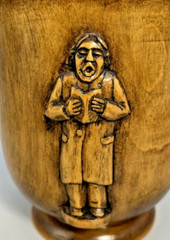 Vintage Carved Wooden Folk Art Cup Vase Vessel 3 Carved Wood Figures SIGNED 4.8″