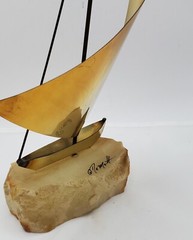 MCM Brass Sailboat 13″H Signed De Mott Sculpture Onyx Base Clipper Ship Sailing