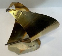 Brass Metal Sail Boat Sculpture Marble Base Nautical 8” Vintage DeMott Signed