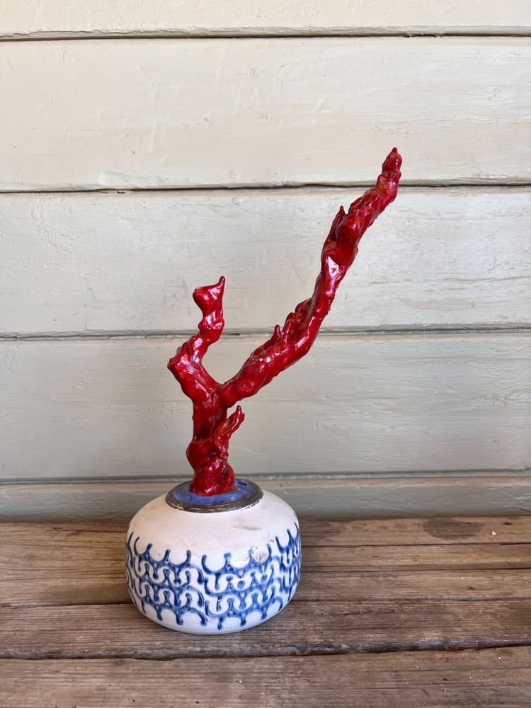 Faux Red Coral Specimen in Blue & White Floral Small Vase in Chinoiserie Style