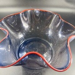 Boatman Studio Art Glass Hand Blown Bowl Dish Crackle Blue Glass Red Edges VTG