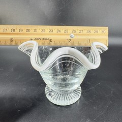 Vintage Glass Dish Bowl Clear White Ruffles Scroll Footed Base Candy Dish VTG