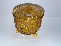 EAPG Glass 3 Footed Bowl Amber Daisy & Button Cauldron Dish with lid 3” VTG