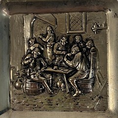 Antique Collectible Metal Cigarette Ashtray Men Sitting Around A Table Rare