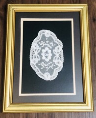 Antique Delicate Handmade White Lace In A Gold Frame Ready to Hang 15” X 12”