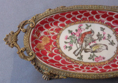 VTG Wong Lee 1980s Bronze & Porcelain Claw Foot Dish Hand Painted Bird Pair Red
