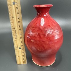 Vintage Hand Made Studio Art Pottery Vase Bottle Small Mouth Red Glaze Signed