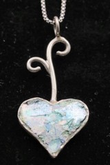 Roman Glass Big Heart Silver 925 Pendent Ancient Fragment 200 B.C. Bluish Patina