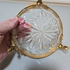 Vintage Small Cherub Gold Tone W/Roses Glass 6″ Round Dish Trinket Dish