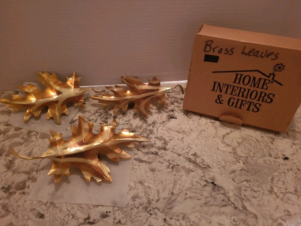 3 VTG Home Interiors Homco Brass Oak Leaves Wall Plaques Hangings MCM